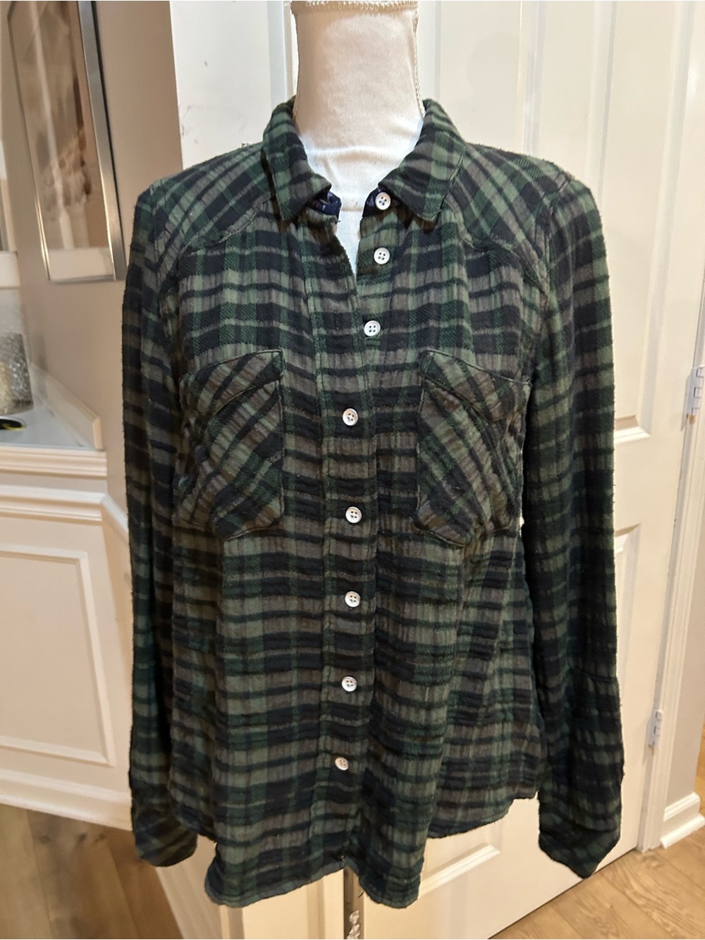 Free People Western Green and Black Plaid Button-Up Shirt Small